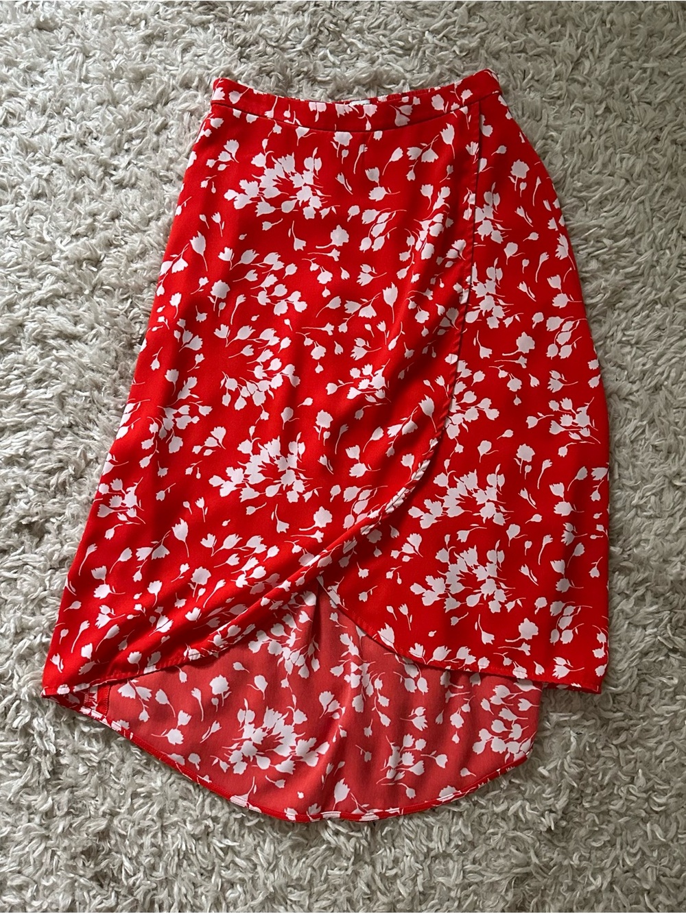 J. Crew Red and White Floral High-Low Wrap Skirt